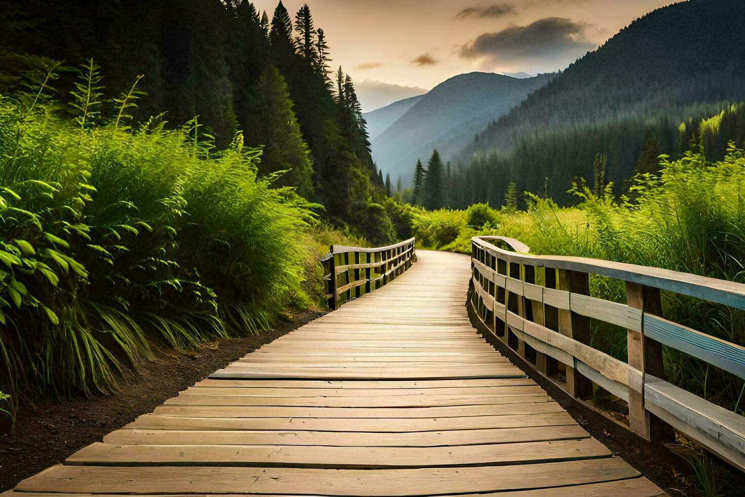 A wooden boardwalk trail through green forest toward mountains